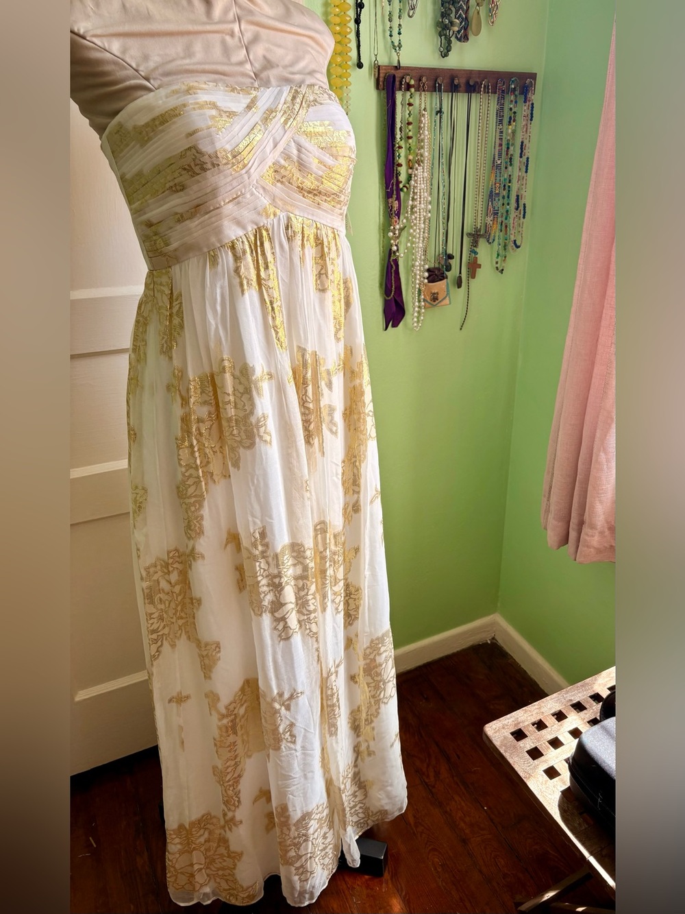 Oleg Cassini Silk White Strapless Maxi Dress with Gold Foil Detail